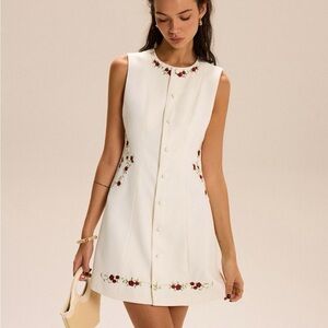 Commense White Dress with Red Floral Embroidery